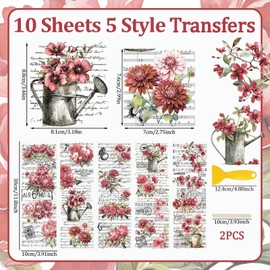 WANDIC 10 Sheets Transfer Stickers Vintage Pink Flower Stickers Lettering Furniture Flower Stickers for Table Water Bottle DIY Craft 30 x 9.9 cm