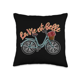 La Vie Est Belle French Francophile Design La Vie Est Belle French Bicycle France Lover Francophile Throw Pillow, 16x16, Multicolor