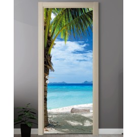 FLFK Door Mural Sticker - Beach and Palm Tree,Peel and Stick,Combined Size 32"x80",Split into 2 Pieces