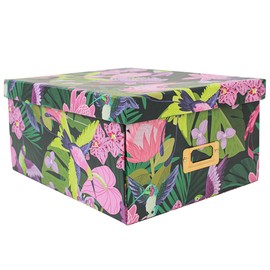 MIZFRUZZY Decorative Storage Box with Lid, Cardboard Paperboard Keepsake box, Green, Foldable, Tropical Floral with Hummingbirds, Photo Storage Box for Memory, Home Decor, Wool Organizer