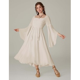 Scarlet Darkness Women Renaissance Costume Bell Sleeve Off Shoulder Maxi Medieval Dress Apricot M