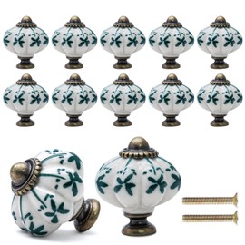 Cionyce 12 Pack Ivory Green Pumpkin Knobs Ceramic Cabinet Knobs Retro Dresser Knobs Vintage Drawer Knobs Pulls for Vanity, Closet