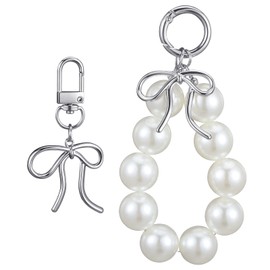 Sureio 2 Pack Pearl Bow Keychain Coquette Aesthetic Silve Keychain Cute Bag Charms Keyrings for Handbags Purse Phones Car Keys Charms