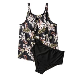 SUUKSESS Women Slimming Tummy Control Tankini Bathing Suits Ruffle High Waisted High Neck 2 Piece Swimsuits(Black Floral,L)