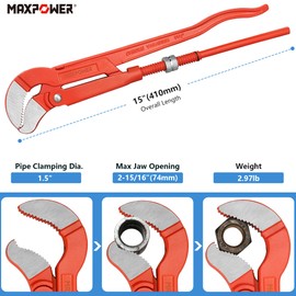 MAXPOWER Swedish Pipe Wrench 15 inch, S Shaped Jaw