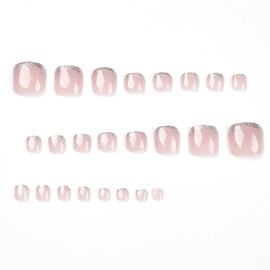 BAOYAALIN Nude Press on Toenails Short Square French Tips Glitter Fake Toe Nails with Design Acrylic False Artificial Glue on Toenails Summer Stick on Toe Nails for Women 24Pcs in 12 Sizes