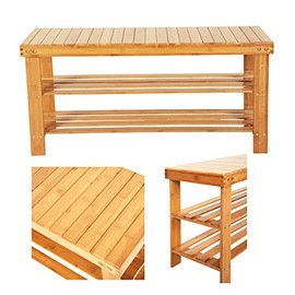 Lestar Spa Sauna Shower Patio Bench Stool with Strip Pattern 3 Tiers Storage Shelves Stand Organizer, Natural Bamboo Wood Bathing Benches Shoe Rack, Size 35.5"(W) x 11"(D) x 18"(H)