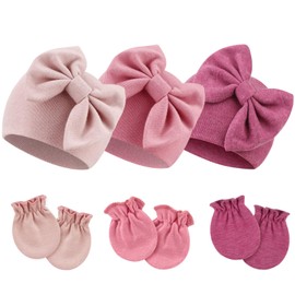 DRESHOW BQUBO Newborn Baby Hospital Hats Beanie Bow Infant Caps Baby Cotton No Scratch Mittens Set for 0-6 Months