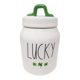 Rae Dunn By Magenta Green Watercolor Shamrocks LUCKY Small Size 7 Inch Canister With Green Lid Handle 2020 Limited Edition