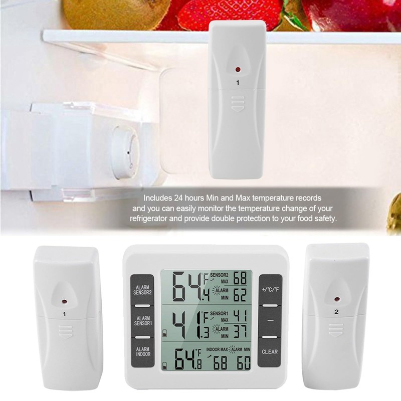 Audible Alarm Therometer, Refrigerator Thermometer with LCD Display, Wireless Indoor