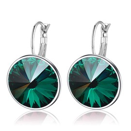 Austrian Crystals Round Drop Leverback Earrings for Women 14K Gold Plated Hypoallergenic Hoop Earrings (Green)