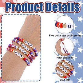 Mowouhn 30 Pcs USA Bracelets Bulk 4th of July American Flag Red White and Blue Inspirational Wristband Polymer Clay Beaded Bracelets for Women Independence Day Veteran Day Gift Party Supplies