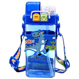 Dinosaurs Water Bottle with Straw, Dinosaurs Drinking Bottle Kids Water Bottle Large Capacity Plastic Bottles with Adjustable Strap Double Drinking Leakproof Sports Bottles for Travel School (520ML)