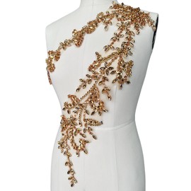 Handmade Shining Acrylic Rhinestones on lace Applique Sewing Beads Stones Trim Patches Accessories for Wedding Dress (Champagne)