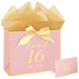 Eaureum Sweet 16 Birthday Gift Bag for Girls, 13" Pink Gold 16th Birthday Gift Bag Party Decorations for 16 years old Girls Daughter Granddaughter Friends