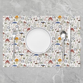 Juego de 4 manteles individuales de mesa de hongos de dibujos animados, hongos kawaii, tela lavable, hojas botánicas, manteles individuales blancos para mesa de comedor, 18 x 12 pulgadas