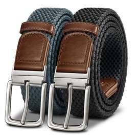 KEMISANT Men's Reversible Braided Belt, Elastic Stretch, 1 3/8" - 2" (Black/Dark Gray, 46"-50" Waist Adjustable)