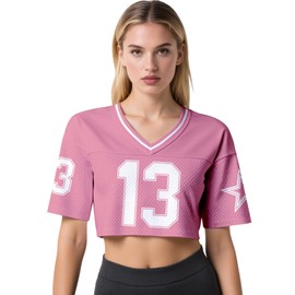 Jiveels #13 Cropped Top Jersey for Women Y2k Gift Hip Hop Plain Pink Football Jersey Crop Top V Neck Short Sleeve Shirts Mesh Streetwear Small
