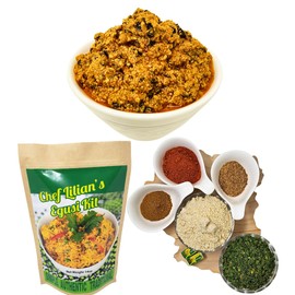 Chef Lilian's Egusi Kit- Nigerian West African Food Kit with Ground Melon Seeds (Egusi), Dehydrated Spinach, Seasoning Cubes, Hot Pepper Powder, Soup Mix 4 Servings (Pack of 1)