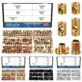 Glarks 150pcs M6 x 10/12/15/20mm Nickel Plated Barrel Cross Dowels Slotted Nut Kit, Includes 100pcs Barrel Nut, 25pcs M6x10mm 4-Pronged Tee Nut, 25pcs M6x15mm Hex Socket Threaded Insert Nuts