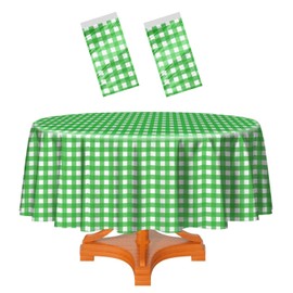 HEIPINIUYE 2 Pack Green and White Round Checkered Tablecloth 84 ×84 Green Plaid Table Cover Disposable Tablecloth for Round Tables Party Picnic Camping Birthday Checkered Round Plastic Table Cloth