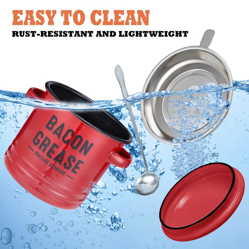 ONEARF Bacon Grease Container with Strainer - Large 46OZ Red