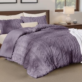 2-Piece Elegant Tufted Farmhouse Boho Comforter Set King Size Pretty Grayish Purple Color | Eclectic Bohemian Plain Weave Geometric Patchwork Pattern | Textured Durable Soft Shabby Chic Bedding Set