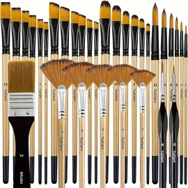 Yutiars Paint Brush Set, 32pcs/set Professional Nylon Bristles Paint Brush with Round, Filbert, Flat, Fan, Angle, Fine Detail Brush for Acrylic Painting - Color: brown, Size: one-size