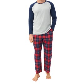 DAVID ARCHY Mens Pajamas Set - Soft Pj Sets for Men Cotton Sleepwear Long Sleeve Top & Flannel Bottom Pajama Lounge Set(S, Moonlight Blue+Maroon Plaid)