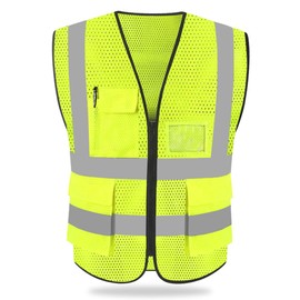HYCOPROT Safety Vests High Visibility Reflective Vest Executive Manager Jacket Zip 2 Band Brace, Yellow mesh