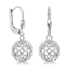 LeCalla 925 Sterling Silver Filigree Heart Drop Earrings Italian Lightweight Heart Theme Filigree Ball Leverback Dangle Earrings for Women - 10mm