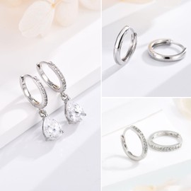 Sterling Silver Hoop Earrings for Women, 3 Pairs Small Silver Huggie Hoop Earrings Set | Hypoallergenic Cubic Zirconia Teardrop Dangle Cartilage Earrings Fashion Jewellery Girls Gifts