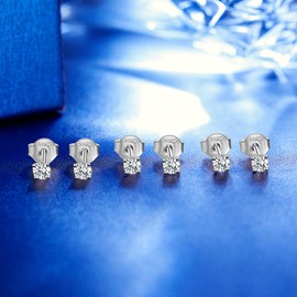 PRETTERY Silver Stud Earrings for Women, 3 Pairs 3mm 925 Sterling Silver Cubic Zirconia Stud Earrings Set for Men Girls, White Gold Plated Sleeper Cartilage Studs with Clear 5A Cubic Zirconia