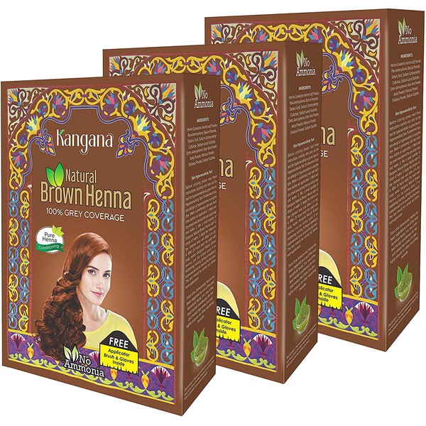 Kangana 100% Pure & Natural Henna Powder for Hair Dye - Natural Brown Henna Powder for Grey Hair Coverage - 6 pouches each - Total 180g (6.34 Oz)- Pack of 3