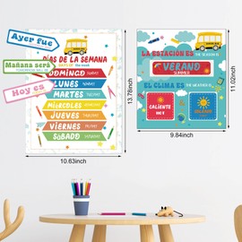 Spanish Classroom Calendar Pocket Chart for Kids Classroom Decor Set Chalkboard Calendar Bulletin Board Decorations Bilingual Educational Posters for Toddlers 1-3, Homeschool Materials(Lively Style)