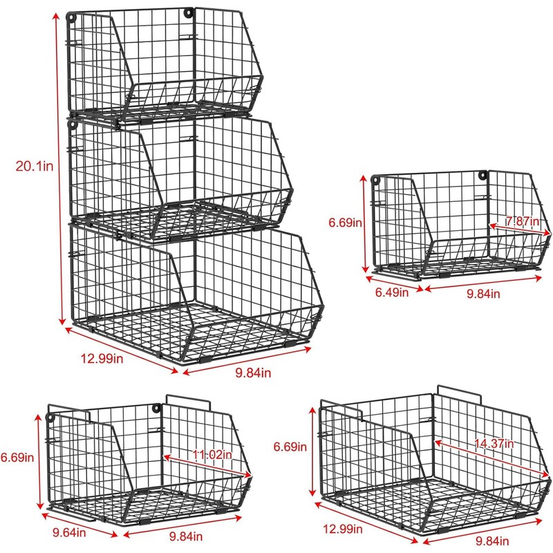 X-cosrack 2-Tier Stackable Wire Baskets with Wood Lids, Fruit Basket