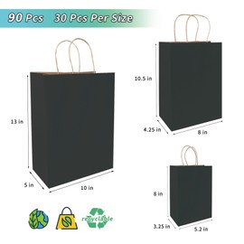 vanhel 90 pack Black Paper Bags with Handles,Black Gift Bags with Handles, Assorted Sizes Bulk Black Paper Gift Bags for Business, Merchandise, Retail, Favors Grocery, Shopping