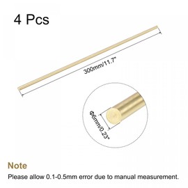 sourcing map Brass Rod, Solid Brass Round Rod, 6 mm Diameter, 300 mm Length, Rotary Bar for RC Model, DIY Crafts, Pack of 4
