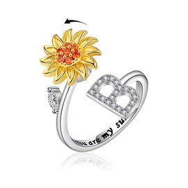 VYYU Fidget Ring with Beautiful Sunflower & Initial Letter ABC to XYZ - You are My Sunshine Anxiety Relief Stress Open Rings | Reliever Spinner Stress Relief Sunflower Gifts for Women Wife Daughter, B