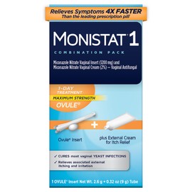 Monistat 1-Day Yeast Infection Treatment for Women, 1 Miconazole Ovule Insert & External Itch Relief Cream (9g Tube) Combo Pack, Maximum Strength
