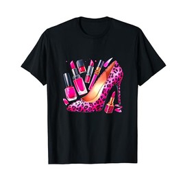 Pink Leopard Pattern High Heel Shoes Lipstick Nail Polish T-Shirt