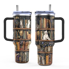Book Lovers 40Oz Cat Tumbler with Handle and Straw, Stainless Steel Cup