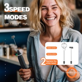 Milk Frother Rechargeable Handheld Electric Whisk Coffee Frother Mixer with 2 Stainless Whisks 3 Speed Adjustable Foam Maker Blender for Coffee Matcha Latte Cappuccino Hot Chocolate（Black）
