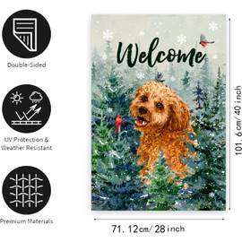 Welcome Winter House Flags for Outside 28x40 Double Sided Golden Doodle Garden Flag Cardinal Birds on Snowy Pine Tree Flag Dog Yard Flags Large Christmas Outdoor Flags