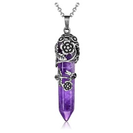 Top Plaza Antique Silver Flower Wrapped Natural Amethyst Healing Crystal Necklace