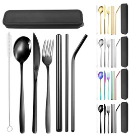 AMZYYDS Dos conjuntos de 304cubiertos de acero inoxidable,Juego de 304Cubiertos de Acero Inoxidable de 8 Piezas en 1, No316Set de Cubiertos Portatiles con Cuchillo, Juego de Cubiertos Dorados (negro)