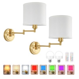 GOODATE Battery Operated Wall Sconce with Remote Control, 15 Colors Dimmable Wireless Wall Sconces Set of Two, Rechargeable Cordless Wall Sconce Light, Swing Arm Wall Lamp with White Fabric Shade