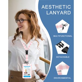 ID Badge Holder with Lanyard and Retractable Clip Cute Breakaway Lanyard for Name Badge Holder for Teacher Nurse Doctor School Student Office Gift, Girly Pink Checkered