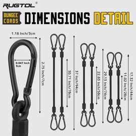 Tensioning Elastic Strap with Carabiner, Improved Expander with Carabiner Hook, Set of 6, Luggage Straps Black in 3 Sizes, 30 cm, 60 cm, 80 cm, Extra Strong Rubber Tensioner for Sun Sail, Tarps, Garden, Car, Cargo