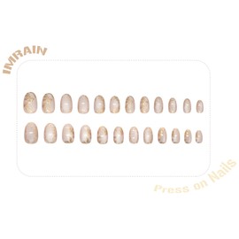 IMRAIN Press on Nails Short Oval Fake Nails with Golden Leaf Design Nude Cat's Eye Acrylic False Nails Full Cover Glue on Nail for Women Girls DIY Manicure 24Pcs Round Stick on Nails